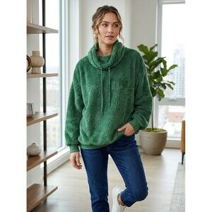 Harlow & Rose Fleece Sweatshirt Women's 2X Emerald Green Cowl Neck Ribbed Hem